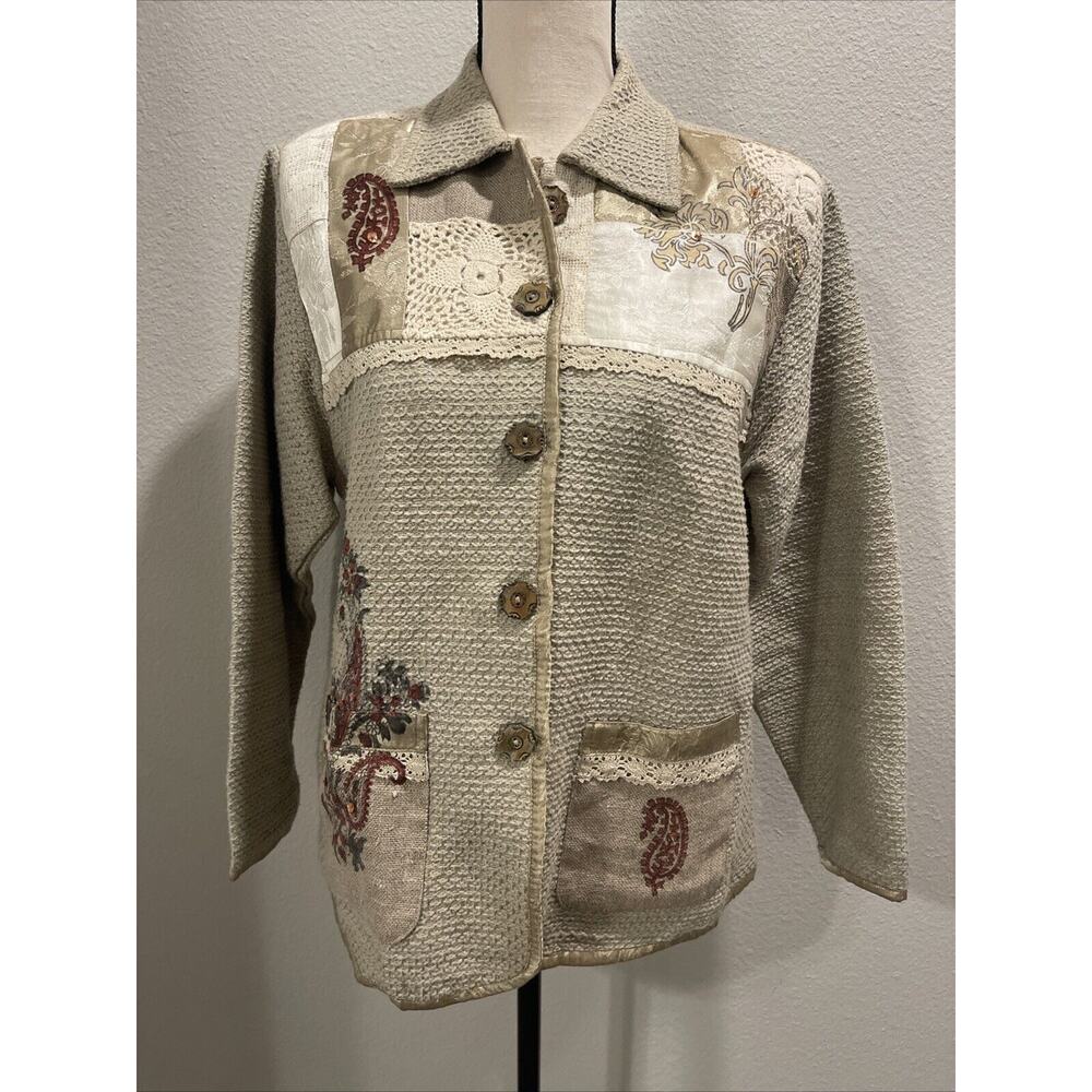 Vintage Think Positive Embellished Tapestry Lace Woven Oversized Jacket Sz Small